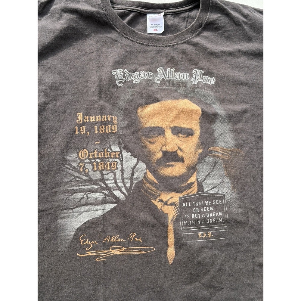 Men's Edgar Allan Poe T-Shirt Gray Spell-Out 2XL Raven Goth Poem Dark Poet Ages